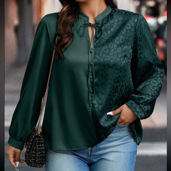 Classic Elegant Two Tone Leopard Print Top Blouse Shirt Blue - Picture 16 of 16